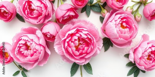 Fototapeta Naklejka Na Ścianę i Meble -  A beautiful arrangement of pink peonies and roses on a white background with space for text, bouquet, white background