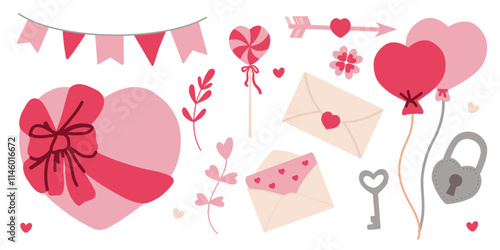 Hand drawn love design elements set. Doodle Happy Valentines day attributes and symbols, envelope, heart, candy, garland, pennants, arrow, key and lock, bubbles. Vector icons.