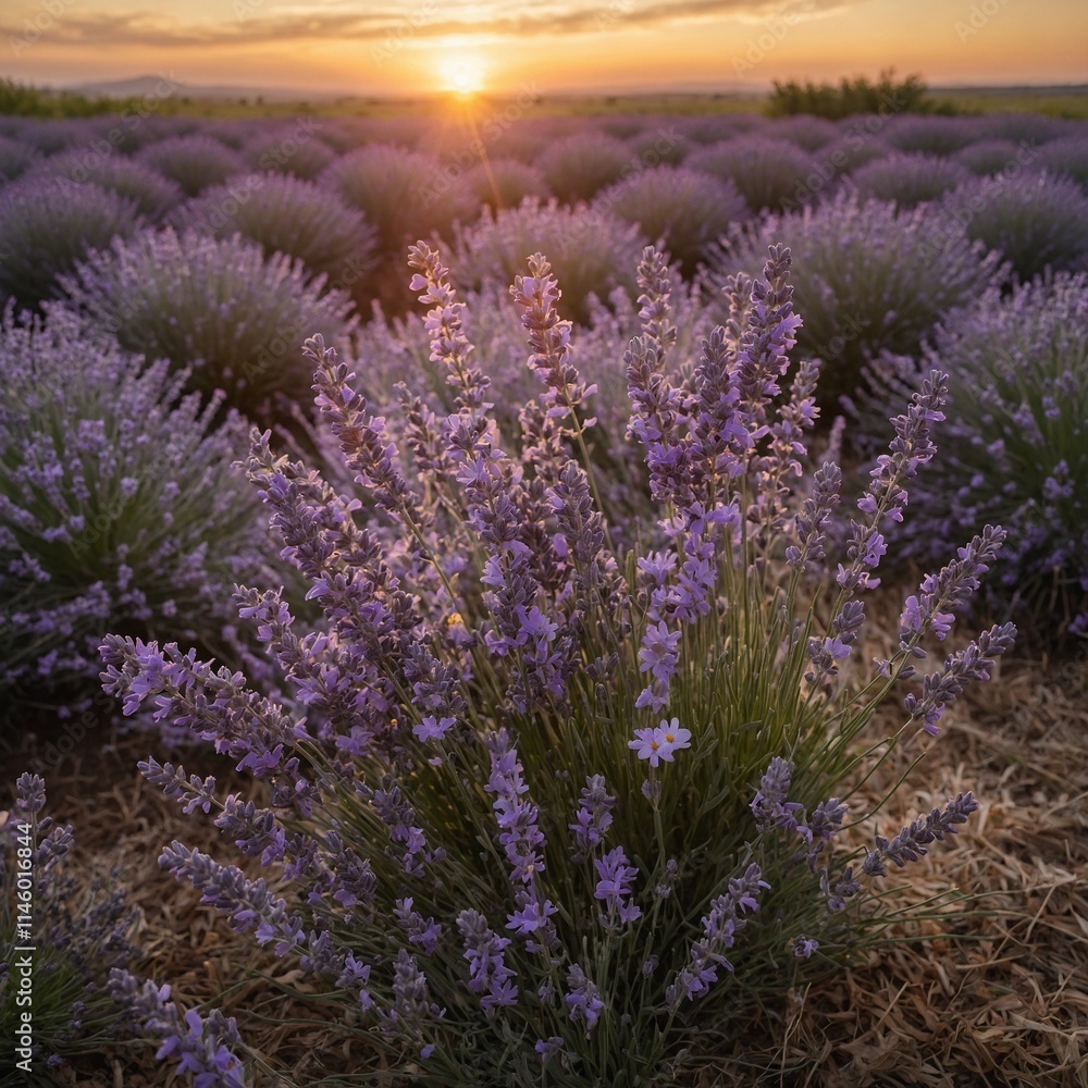 Obraz premium A bouquet of lavender and daisies with a sunset lavender field background.