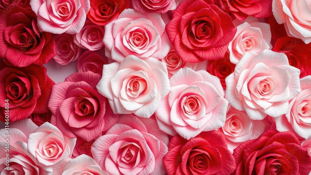 Backdrop of colorful paper roses in various shades of pink, red, and white, colorful, beauty Backdrop of colorful paper roses in various shades of pink, red, and white, colorful, beauty