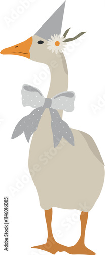 Flat vector goose with ribbon bow and hat  illustration. Vector festive birthday cliparts of domestic bird in retro style perfect for invitations, greeting cards. Farming
