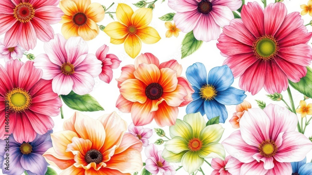 Beautiful watercolor illustration of various flowers in vibrant colors, colorful, floral Beautiful watercolor illustration of various flowers in vibrant colors, colorful, floral