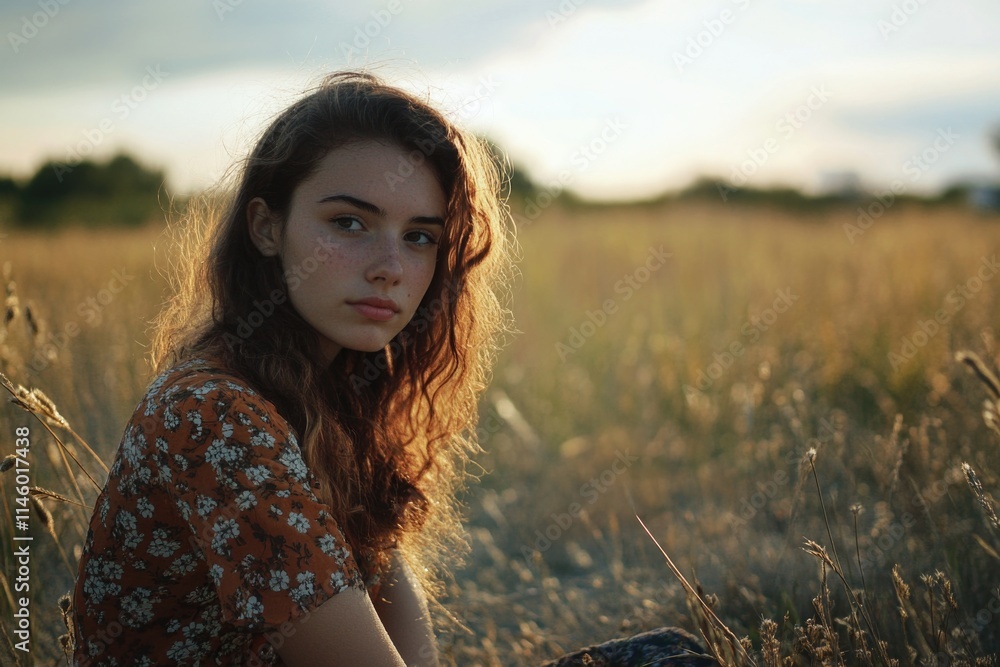 A woman sits peacefully in a field of tall grass, a serene and natural setting A woman sits peacefully in a field of tall grass, a serene and natural setting