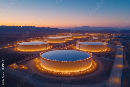 Illuminated Storage Tanks at Dusk with Clear Sky photo