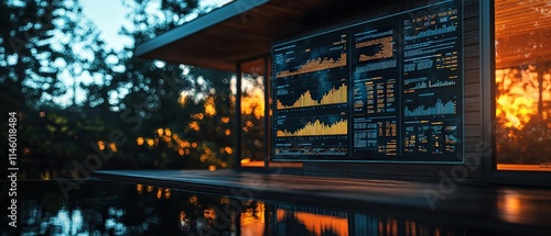Wallpaper Mural A modern display screen shows financial data and analytics against a serene natural backdrop at sunset. Torontodigital.ca