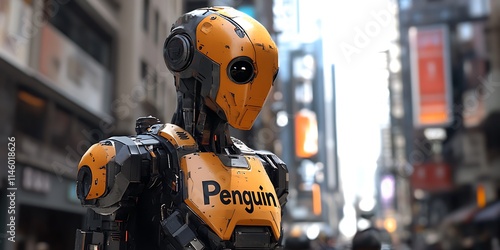 A robot with orange skin and black eyes wearing an outfit that says "Penguin" on the chest, a cyberpunk city background, an orange color scheme, detailed texture of armor plates, high resolution