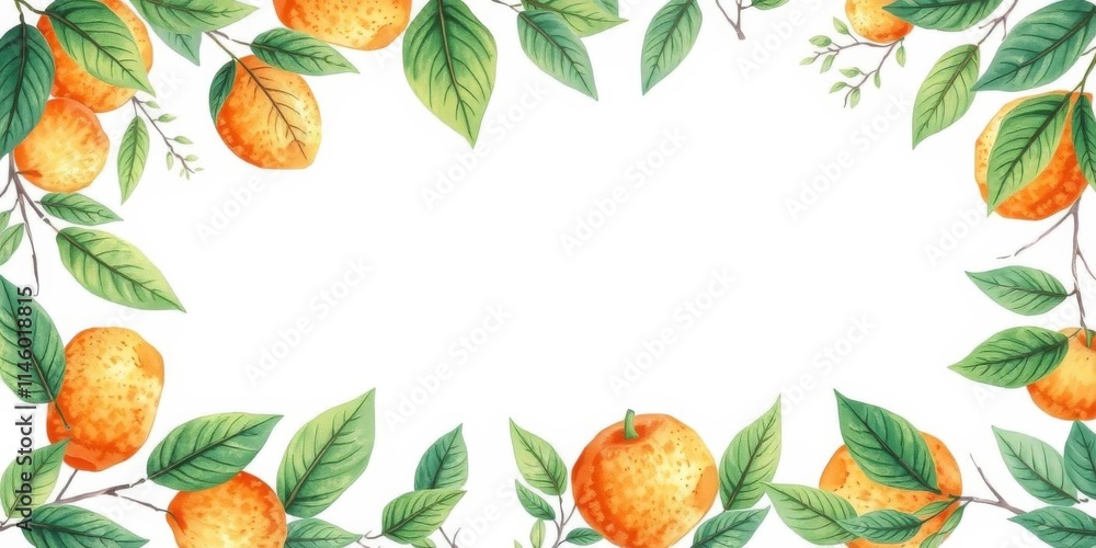 Obraz premium Orange fruit frame with vibrant green leaves surrounding a watercolor background, with a clean white space in the center perfect for writing, leaves, background, artistic