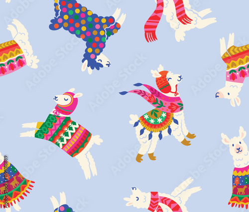 White llamas, alpacas in winter sweaters, scarf and hats isolated on light blue background. Pattern Design
