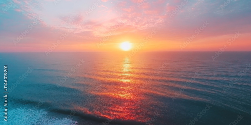 Obraz premium Stunning sunset or sunrise sky over the sea creates a beautiful landscape. This vibrant and colorful light of nature enhances the seascape, captured through a drone aerial view of the ocean