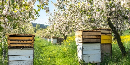 Obraz na płótnie Beehives surrounded by flowering apple trees in an orchard. These beehives play a vital role in the pollination process within the apple orchard, supporting organic fruit and food production. w salonie