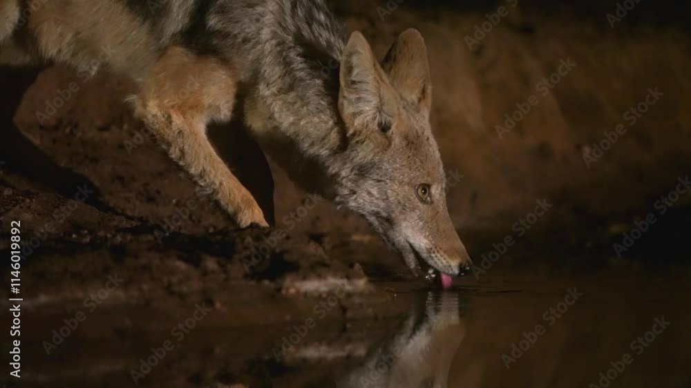 Closeup of a black-backed jackal's face while drinking at night at a waterhole, Mashatu Game Reserve. Closeup of a black-backed jackal's face while drinking at night at a waterhole, Mashatu Game Reserve.