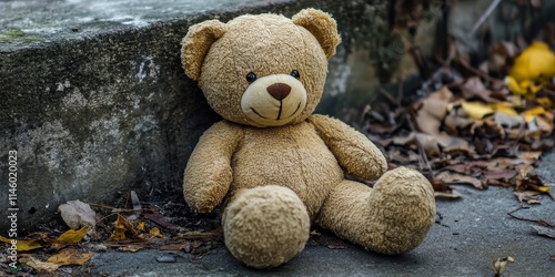 Old stuffed teddy bear resting on the ground, showcasing the charm of vintage toys. This old stuffed teddy bear evokes nostalgia, capturing a sense of warmth and childhood memories. photo