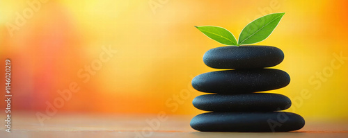 Relaxation self-care wellness. Calm stones stacked with a green leaf on top, symbolizing harmony and nature. photo