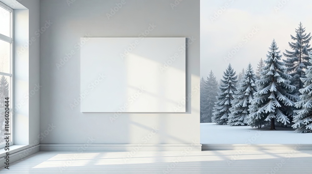 Blank canvas in a minimalist room with a winter landscape view through a window