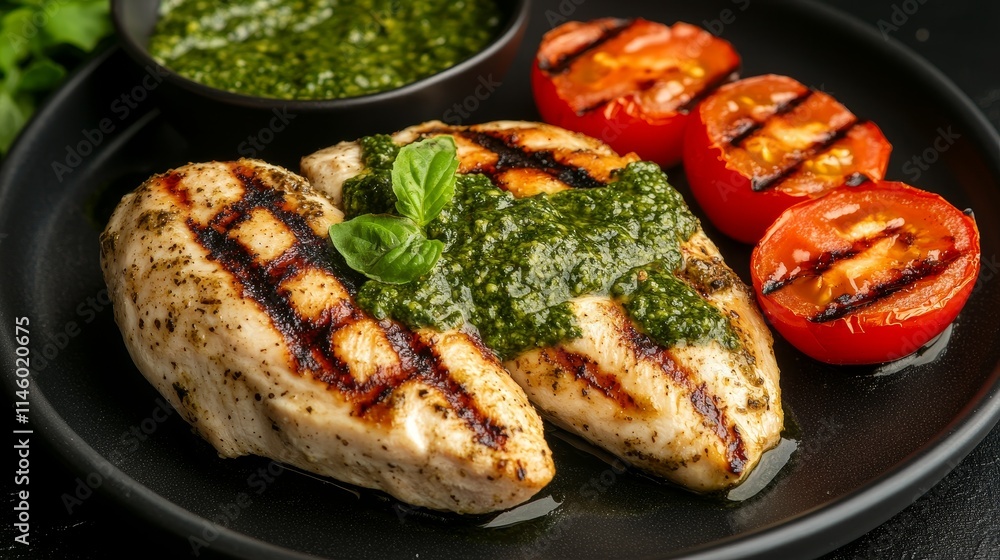 Grilled chicken steak served with a flavorful pesto sauce and fresh tomatoes creates a delicious dish. This grilled chicken steak, enhanced by pesto, is perfect for any meal. Grilled chicken steak served with a flavorful pesto sauce and fresh tomatoes creates a delicious dish. This grilled chicken steak, enhanced by pesto, is perfect for any meal.