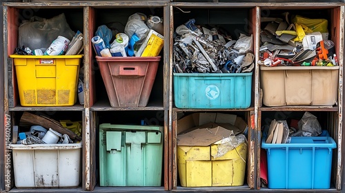 Close-up of sorted waste materials in color-coded bins for effective recycling and waste segregation.