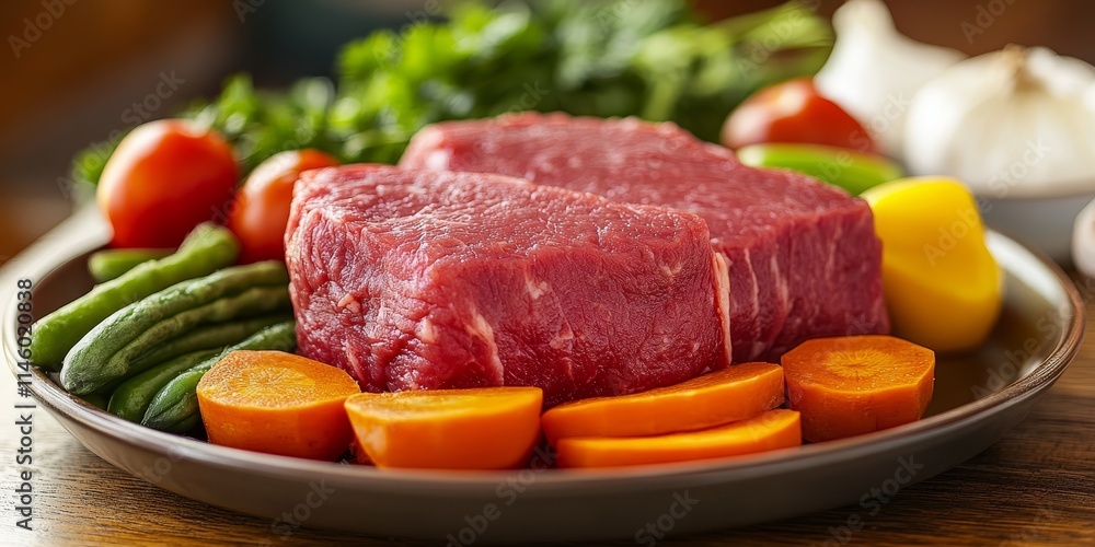 Fresh raw red meat paired with vibrant vegetables creates a delightful and appetizing presentation. This fresh raw red meat and vegetable combination is perfect for healthy meals and recipes. Fresh raw red meat paired with vibrant vegetables creates a delightful and appetizing presentation. This fresh raw red meat and vegetable combination is perfect for healthy meals and recipes.