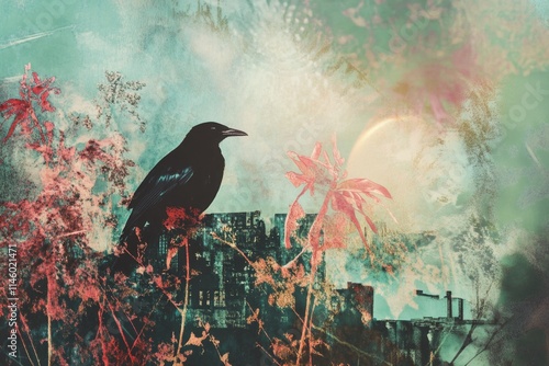 A black bird sits comfortably on the top of a tree branch, enjoying its surroundings