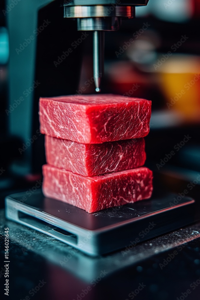 Close Up Of A 3D Bioprinting Machine Layering Cultured Meat Layer By Layer In A Lab Setting Close Up Of A 3D Bioprinting Machine Layering Cultured Meat Layer By Layer In A Lab Setting