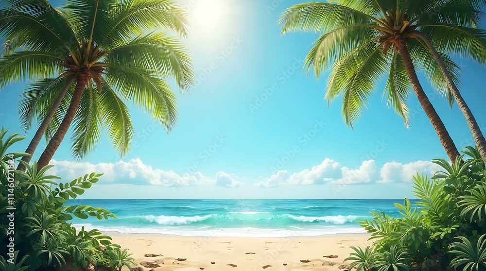 Fototapeta premium Luxurious Tropical Beach Relaxation with Wooden Loungers, Generative AI