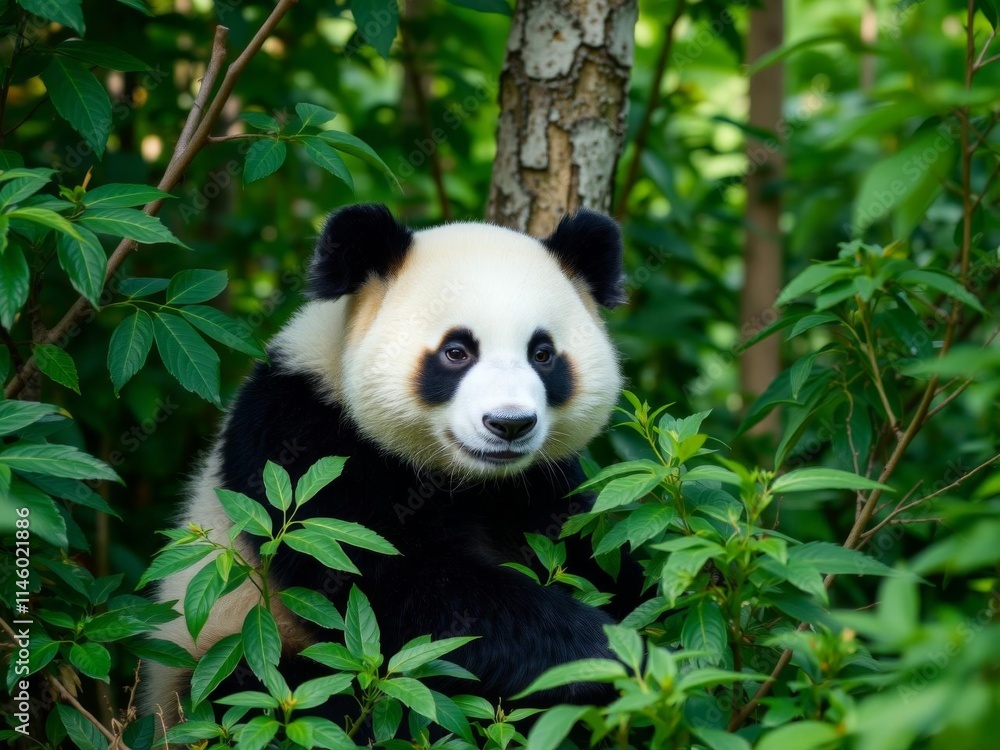 Obraz premium Panda bear sitting in forest surrounded by green leaves, white square in frame, peaceful, tranquil, animal