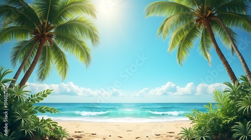 Luxurious Tropical Beach Relaxation with Wooden Loungers, Generative AI