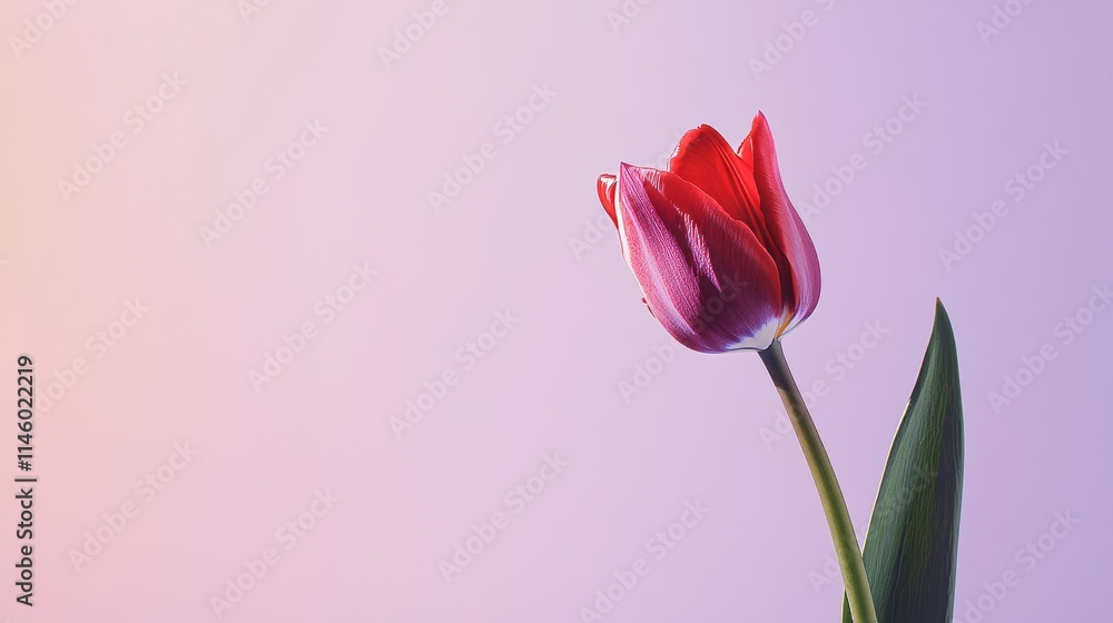 A single red tulip with its stem and leaves against a soft pastel lavender background, close-up shot, Minimalist style A single red tulip with its stem and leaves against a soft pastel lavender background, close-up shot, Minimalist style