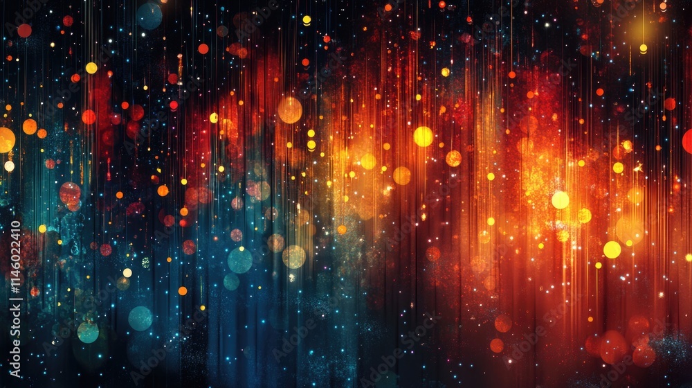 Abstract background with glowing bokeh lights and confetti in dark red, orange, yellow, and blue colors. Abstract background with glowing bokeh lights and confetti in dark red, orange, yellow, and blue colors.