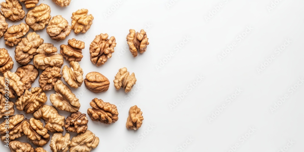 Walnut kernels symbolize the essence of vegan food, showcasing their nutritional benefits and delicious flavor. These walnut kernels on a white background emphasize the vegan food concept. Walnut kernels symbolize the essence of vegan food, showcasing their nutritional benefits and delicious flavor. These walnut kernels on a white background emphasize the vegan food concept.