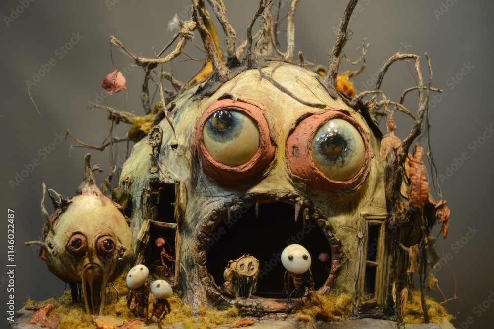 Fototapeta premium A sculpture of an unknown creature with large eyes, suitable for fantasy or sci-fi illustrations