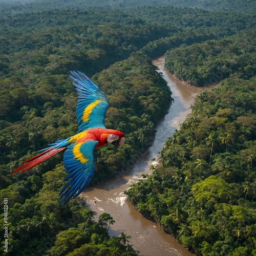 A colorful macaw flying over the jungle canopy with a wide river snaking below.
 photo