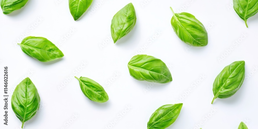 Fresh sweet basil leaves presented against a clean white background, showcasing the vibrant green color and texture of sweet basil, perfect for culinary and herbal design themes. Fresh sweet basil leaves presented against a clean white background, showcasing the vibrant green color and texture of sweet basil, perfect for culinary and herbal design themes.