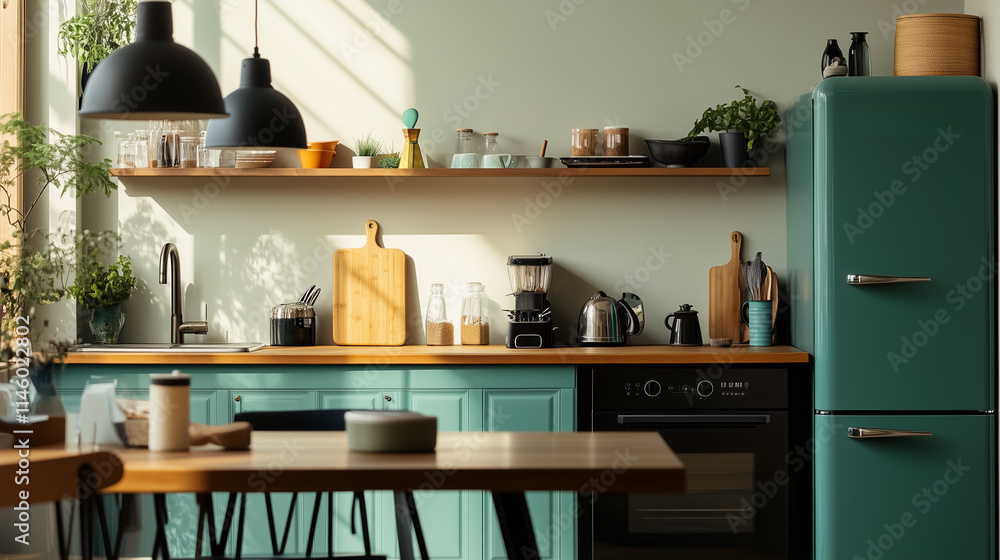 Modern kitchen design showcasing teal cabinets and natural lighting in a cozy, contemporary setting Modern kitchen design showcasing teal cabinets and natural lighting in a cozy, contemporary setting