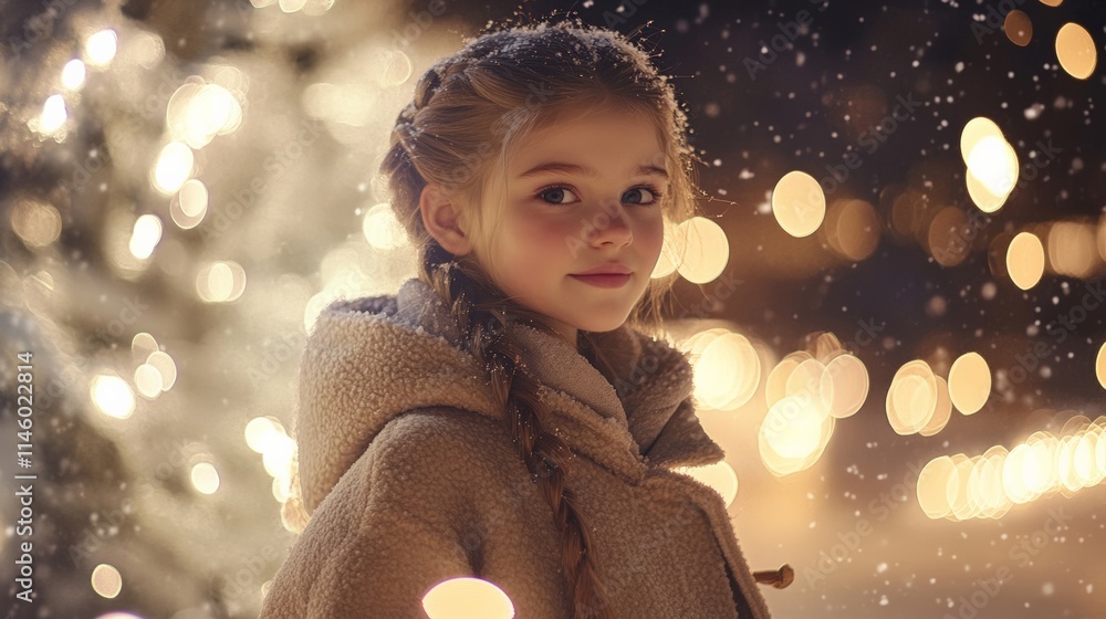 A young girl smiles warmly amidst a magical snowy evening with bright lights in the background, capturing the essence of winter joy. A young girl smiles warmly amidst a magical snowy evening with bright lights in the background, capturing the essence of winter joy.