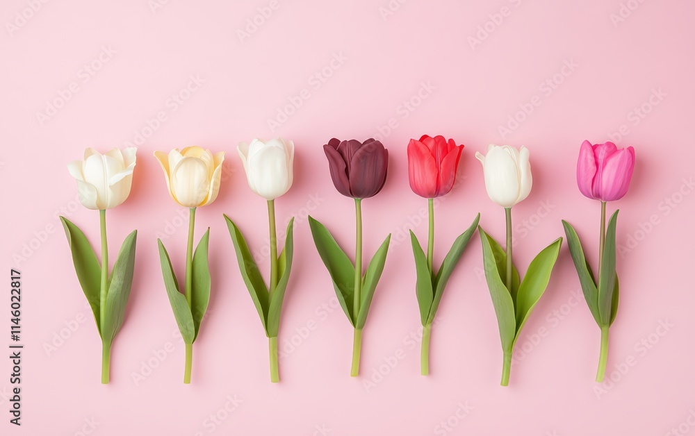 Row of Pink Tulips with Green Leaves on a Pastel Pink Background Row of Pink Tulips with Green Leaves on a Pastel Pink Background