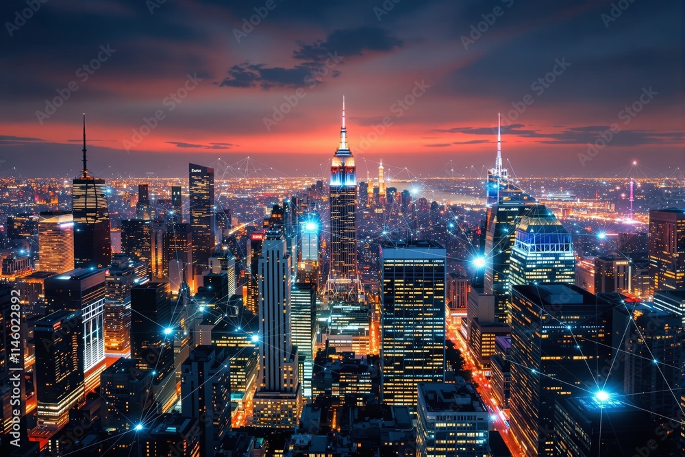 Fototapeta premium Stunning aerial view of a modern city skyline at sunset with lights and connections.