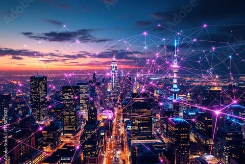 Wallpaper Mural City skyline connected by digital network at sunset. Torontodigital.ca