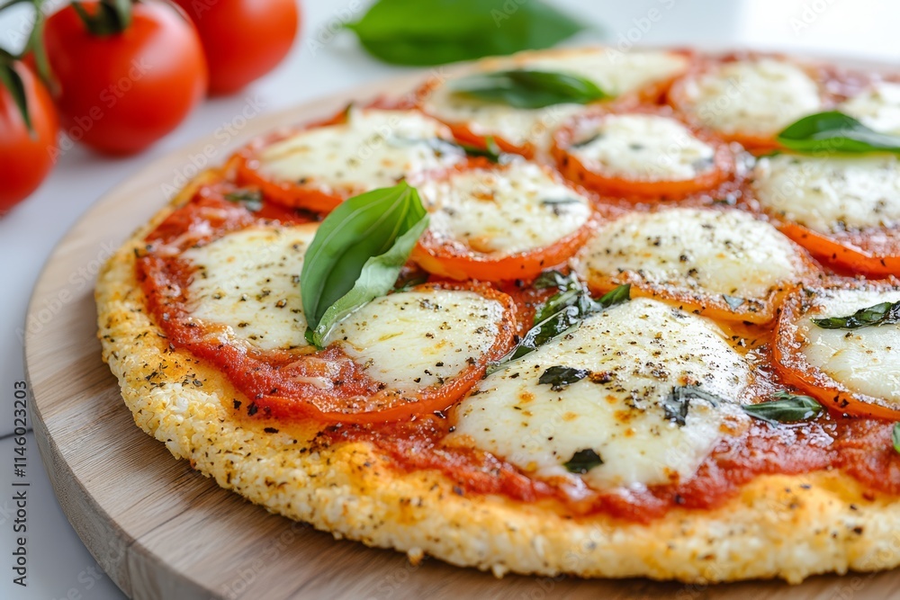Freshly Baked Margherita Pizza with Basil, Mozzarella, and Cherry Tomatoes on Rustic Wooden Board. Freshly Baked Margherita Pizza with Basil, Mozzarella, and Cherry Tomatoes on Rustic Wooden Board.
