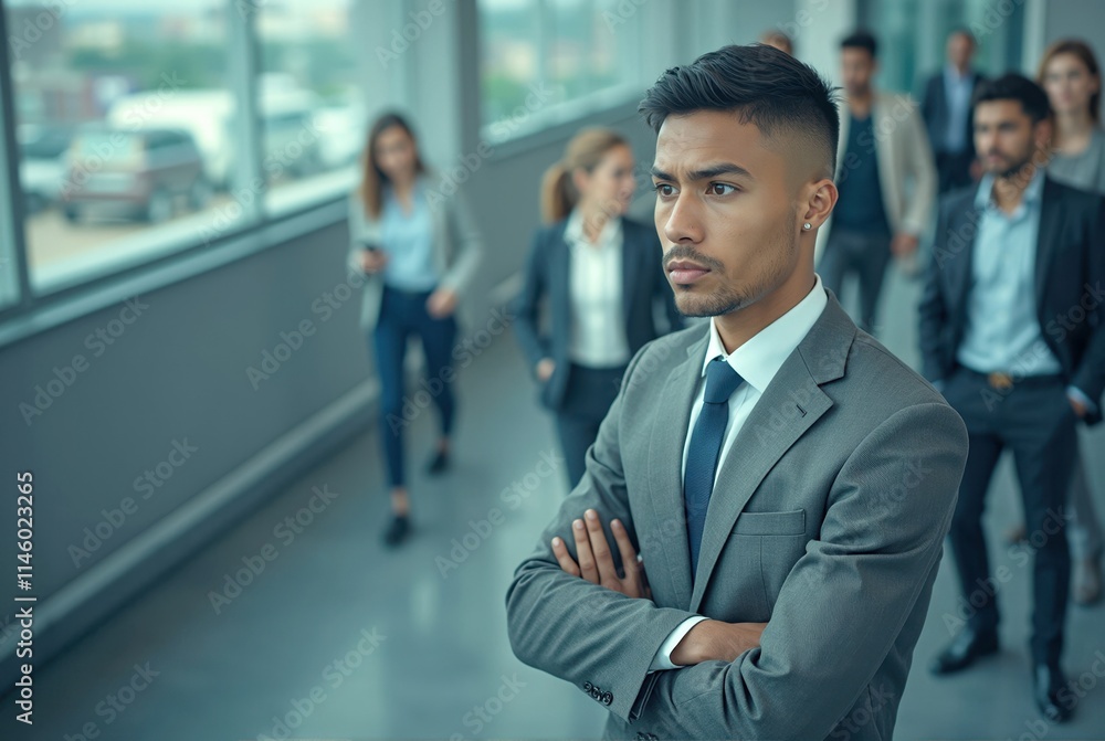 Confident businessman crossing arms and leading business team in office hallway Confident businessman crossing arms and leading business team in office hallway