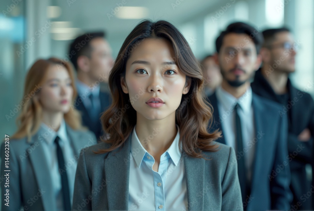 Fototapeta premium Serious businesswoman leading diverse team in modern office