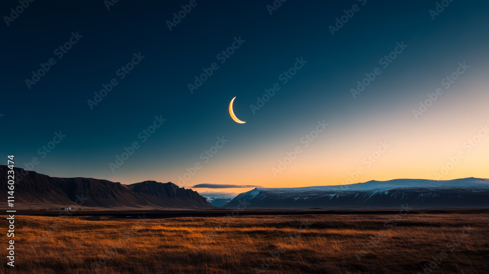 Fototapeta premium Vast landscape under a crescent moon at dusk with mountains in the background