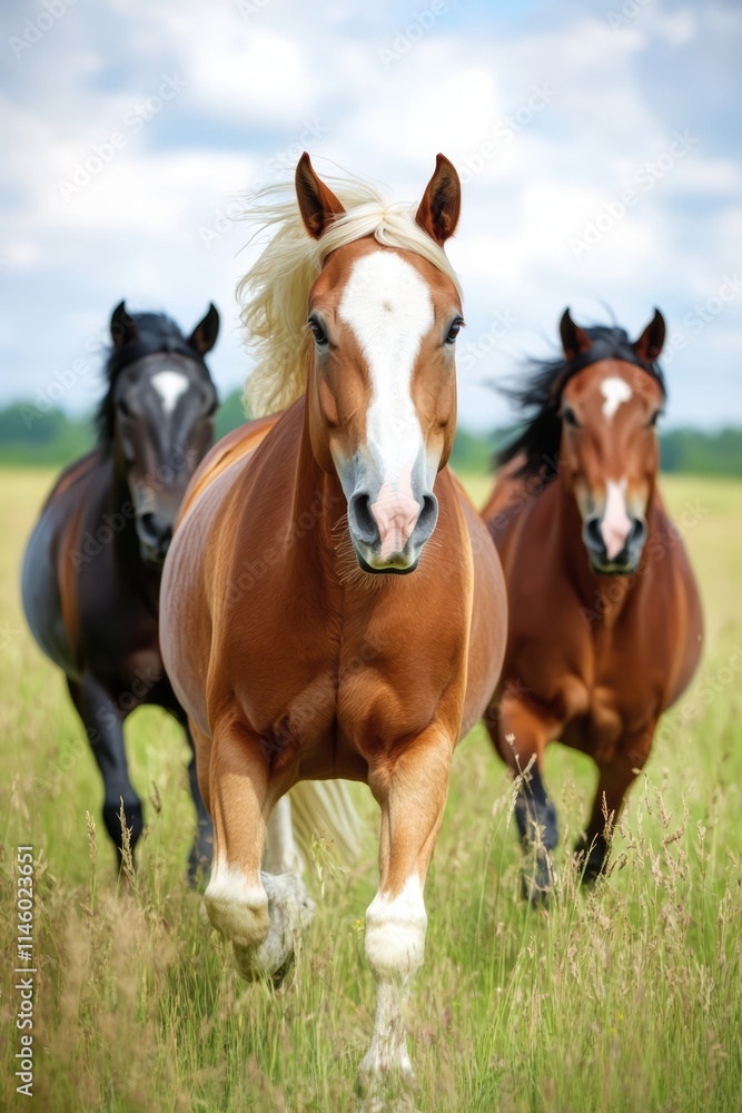Majestic Horses Galloping Freely Through a Sunny Field of Tall Grass Majestic Horses Galloping Freely Through a Sunny Field of Tall Grass