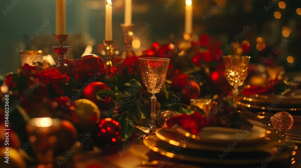 A cozy Christmas dinner table decorated with red roses and candles glows warmly, inviting family and friends to gather together. A cozy Christmas dinner table decorated with red roses and candles glows warmly, inviting family and friends to gather together.