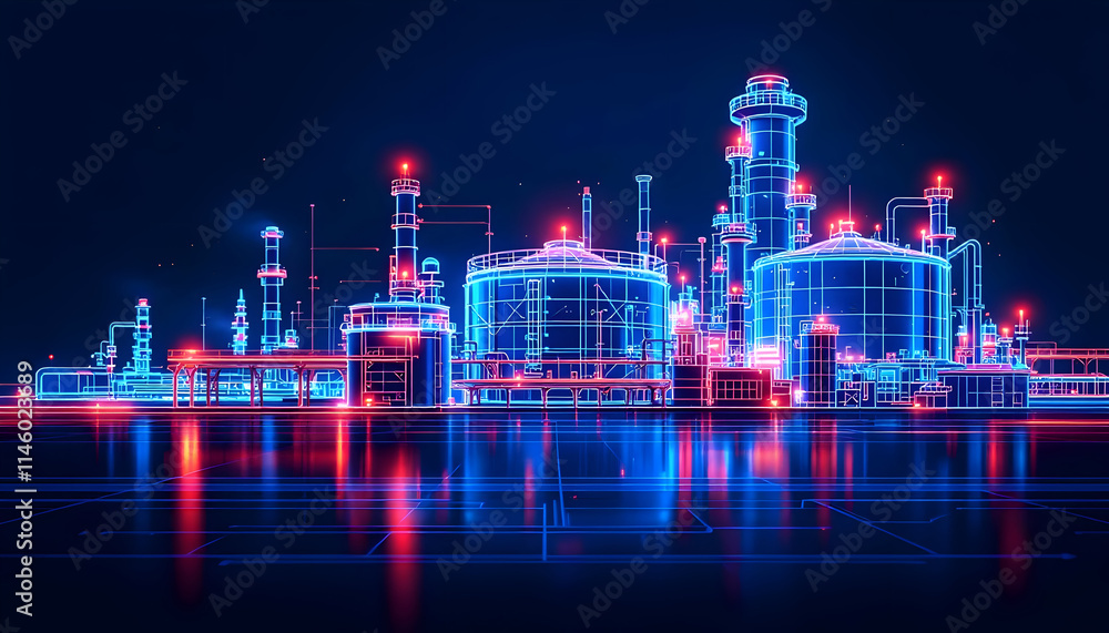 Futuristic Refinery Plant in Neon Blue and Red Glow at Night Futuristic Refinery Plant in Neon Blue and Red Glow at Night