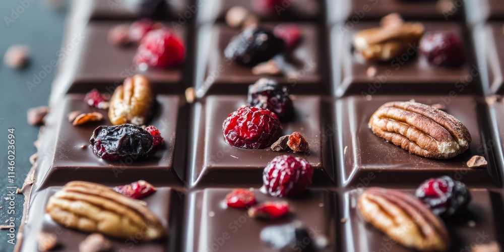 Closeup of a handmade chocolate bar featuring pecan nuts and dried berries, showcasing the delightful combination of flavors in this handmade chocolate creation with unique textures. Closeup of a handmade chocolate bar featuring pecan nuts and dried berries, showcasing the delightful combination of flavors in this handmade chocolate creation with unique textures.