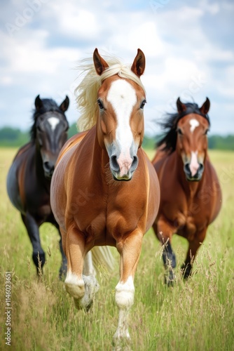 Majestic Horses Galloping Freely Through a Sunny Field of Tall Grass