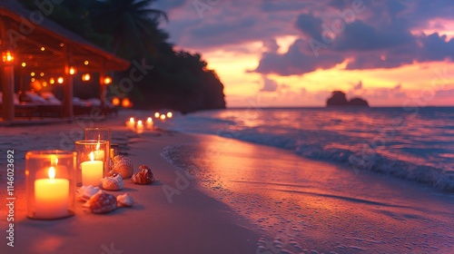 Fototapeta Naklejka Na Ścianę i Meble -  Candlelit dinner by the beach at sunset with gentle waves and serene ambiance