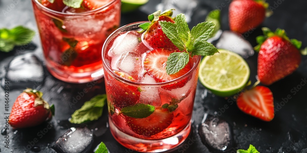 Refreshing summer cocktail preparation featuring strawberries, ice, and mint. This summer cocktail highlights ripe fresh strawberries and zesty lime for a delightful beverage experience. Refreshing summer cocktail preparation featuring strawberries, ice, and mint. This summer cocktail highlights ripe fresh strawberries and zesty lime for a delightful beverage experience.