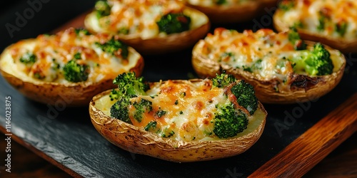 Delicious potato skins filled with savory broccoli, melted cheddar cheese, and roasted potatoes create a delightful combination of flavors and textures in this dish. photo