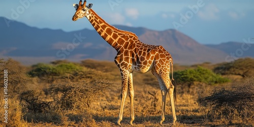 Giraffe standing gracefully in an arid landscape, showcasing the majestic giraffe s long neck and unique spots amidst the natural environment, highlighting the beauty of the giraffe in its habitat. photo